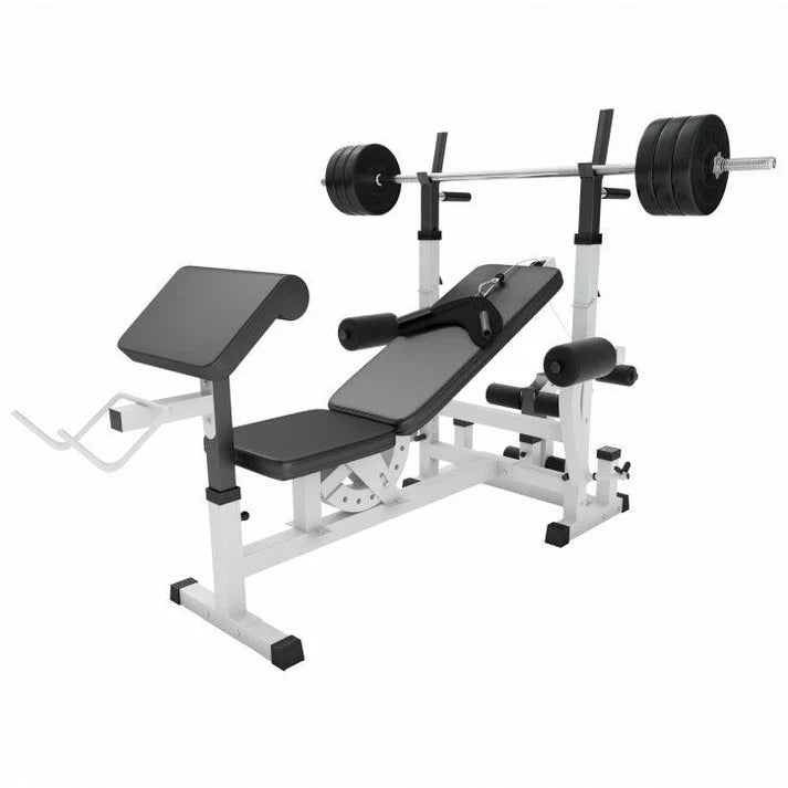 Reguleeritav jõutõstepink + 100 kg kangikomplekt, valge