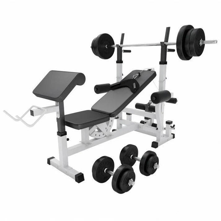 Reguleeritav jõutõstepink + 100 kg kangikomplekt, valge