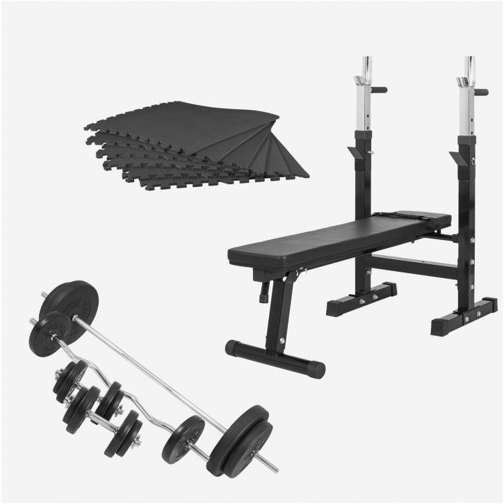 Kuntoilupenkki ja 100 kg levysarja, suojamatot mukana