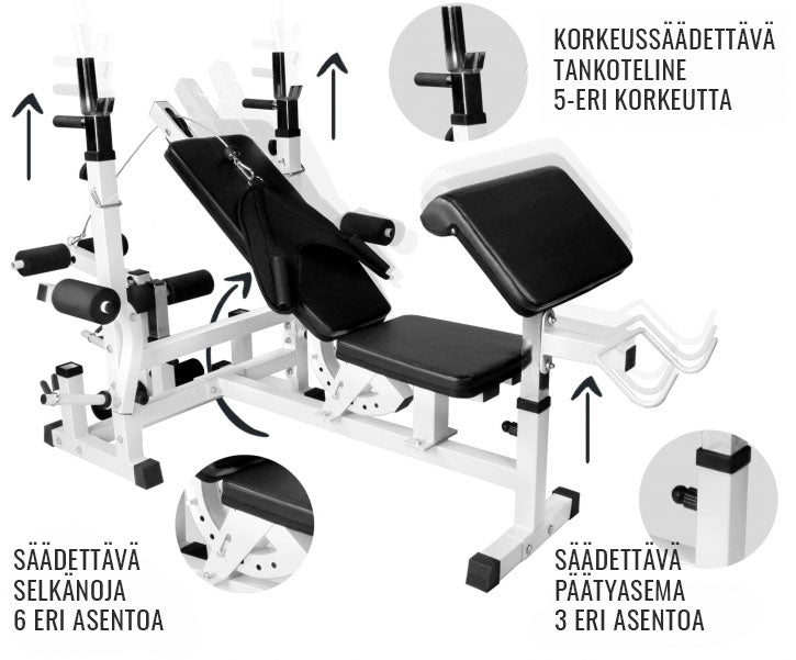 Reguleeritav multifunktsionaalne treeningpink max 280 kg, valge