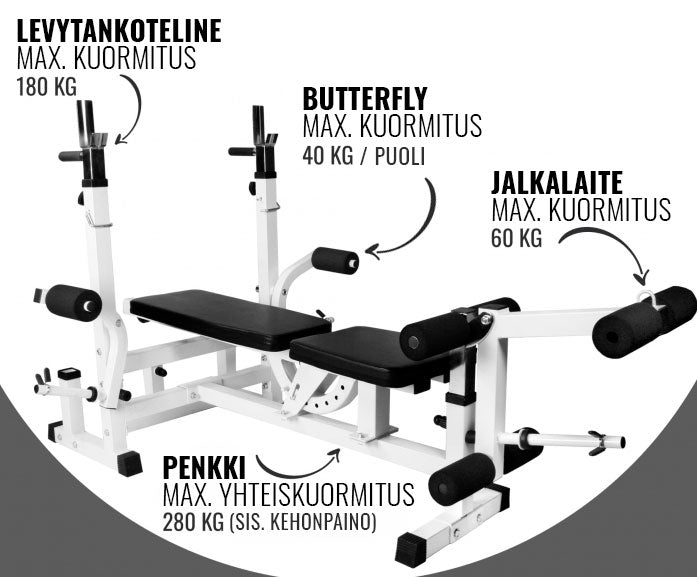 Reguleeritav multifunktsionaalne treeningpink max 280 kg, valge