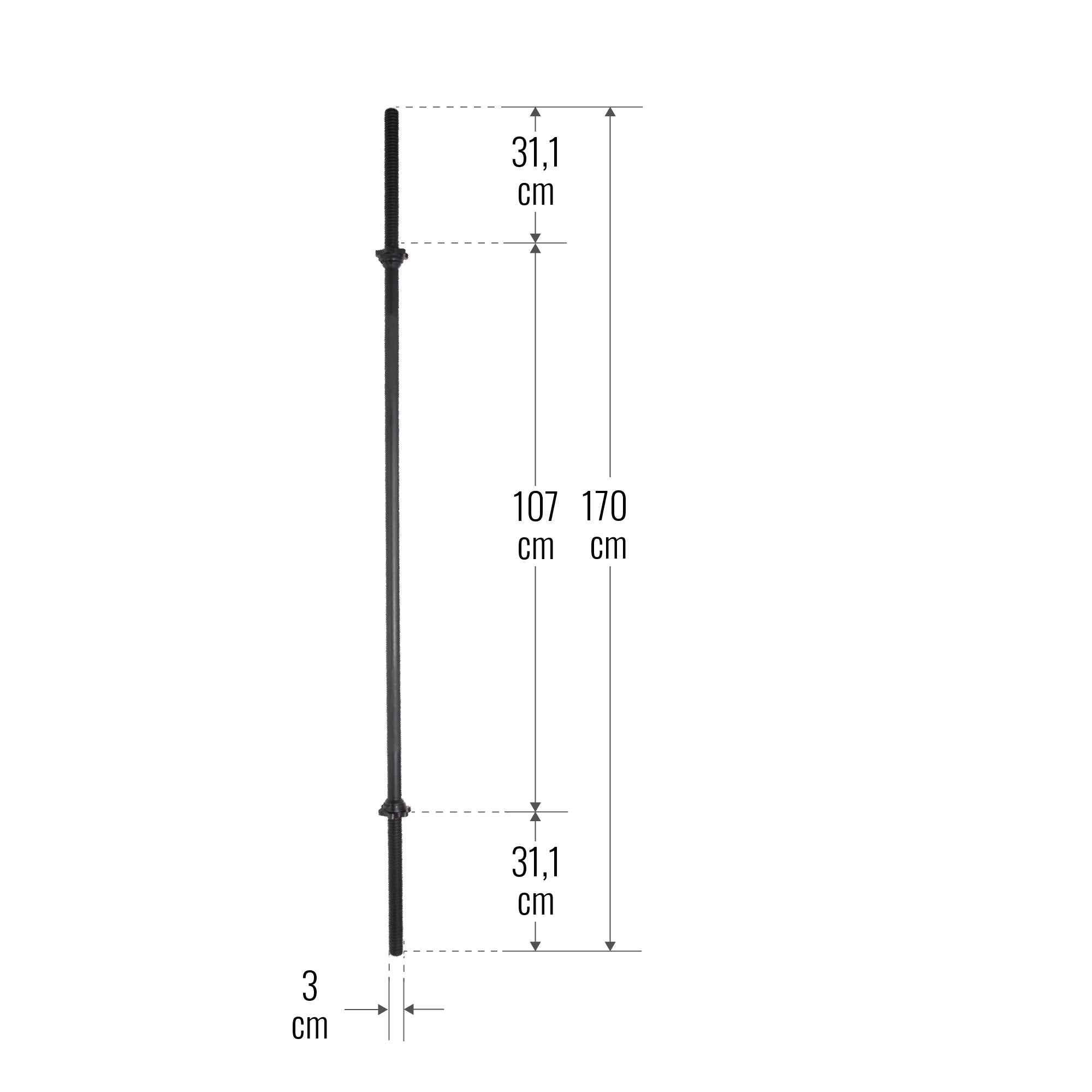 Sirge kang 170 cm keermelukkudega, 30 mm