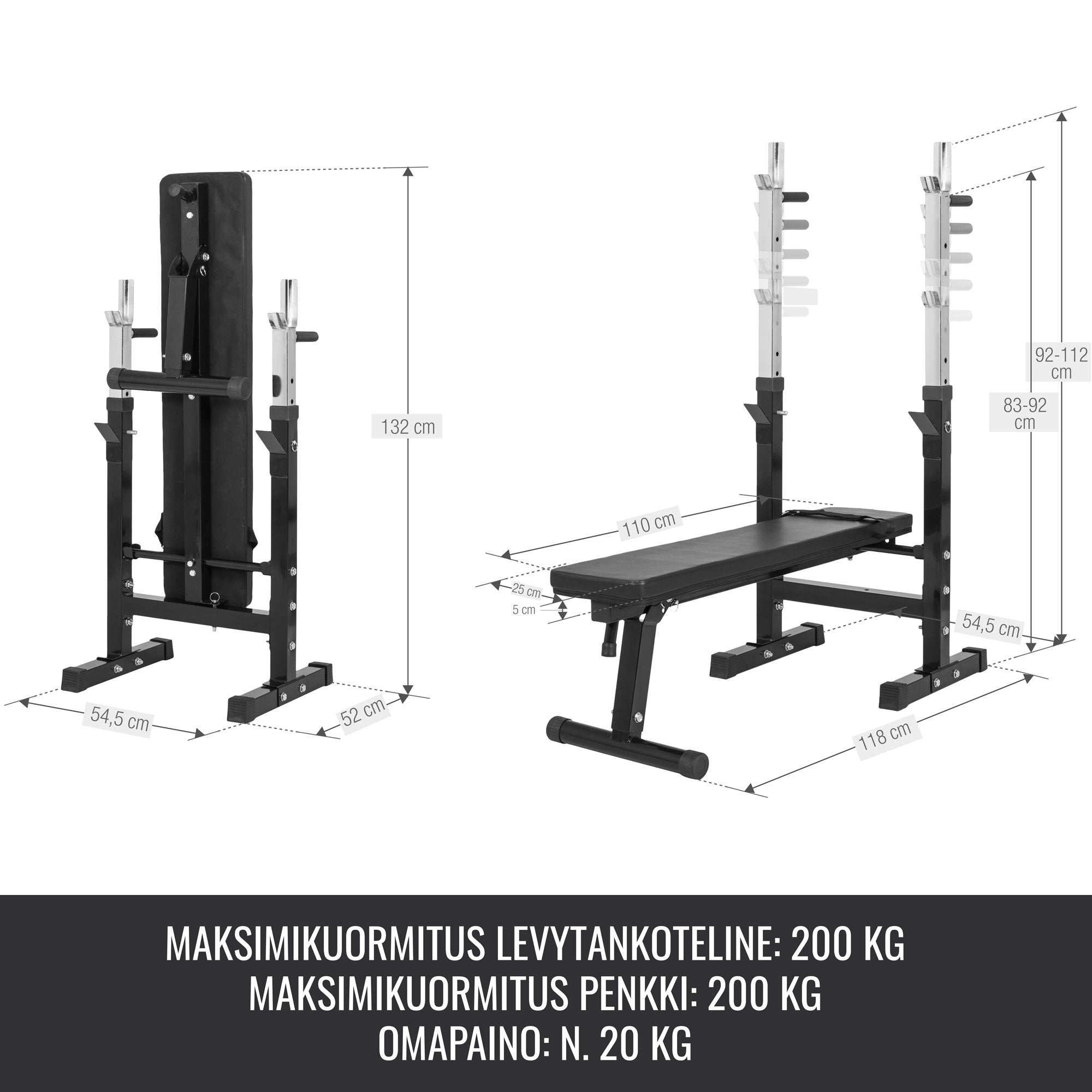 Reguleeritav tõstepink ja kangikomplekt raskustega 100 kg