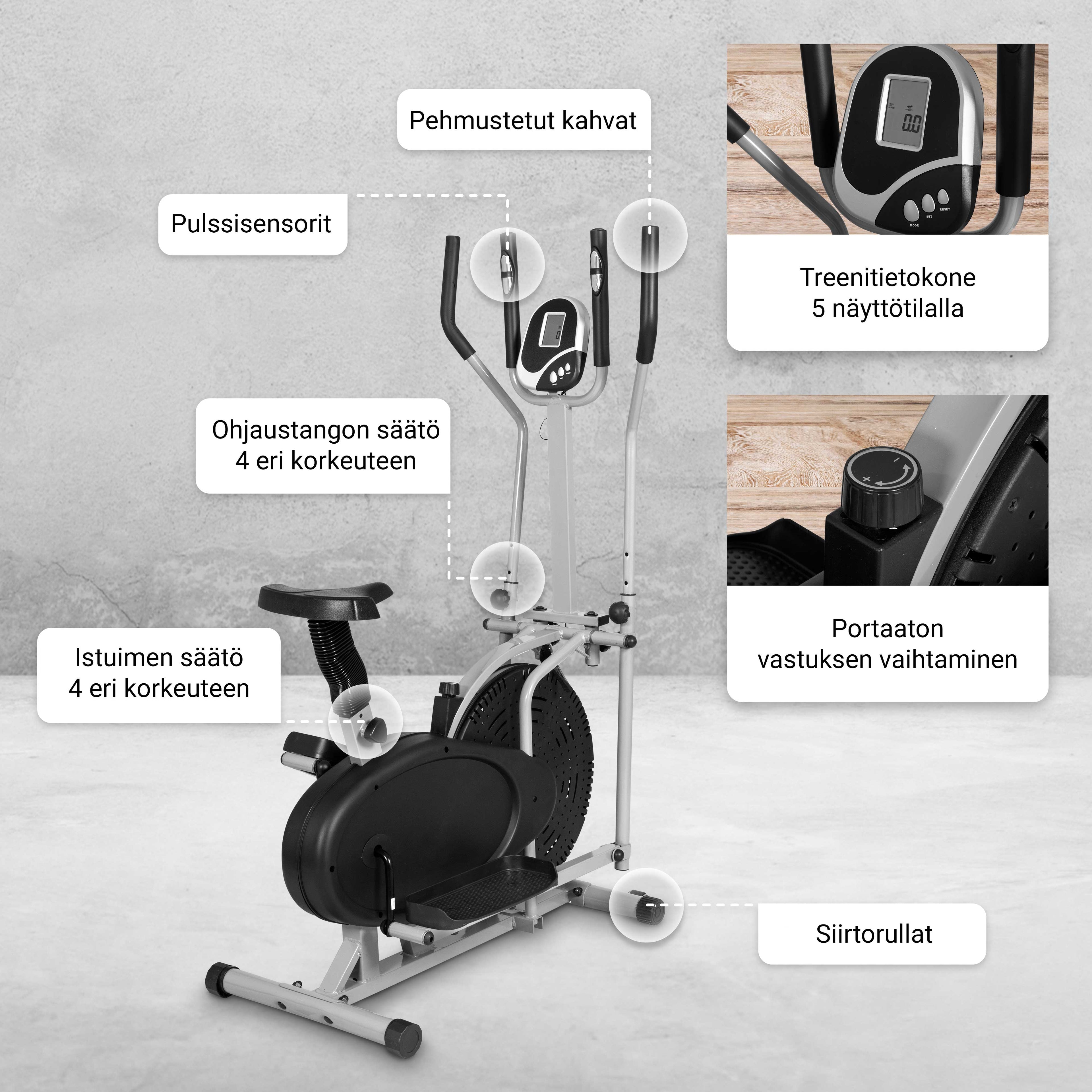 Crosstrainer sadula, käepidemete ja treeningkompuutriga