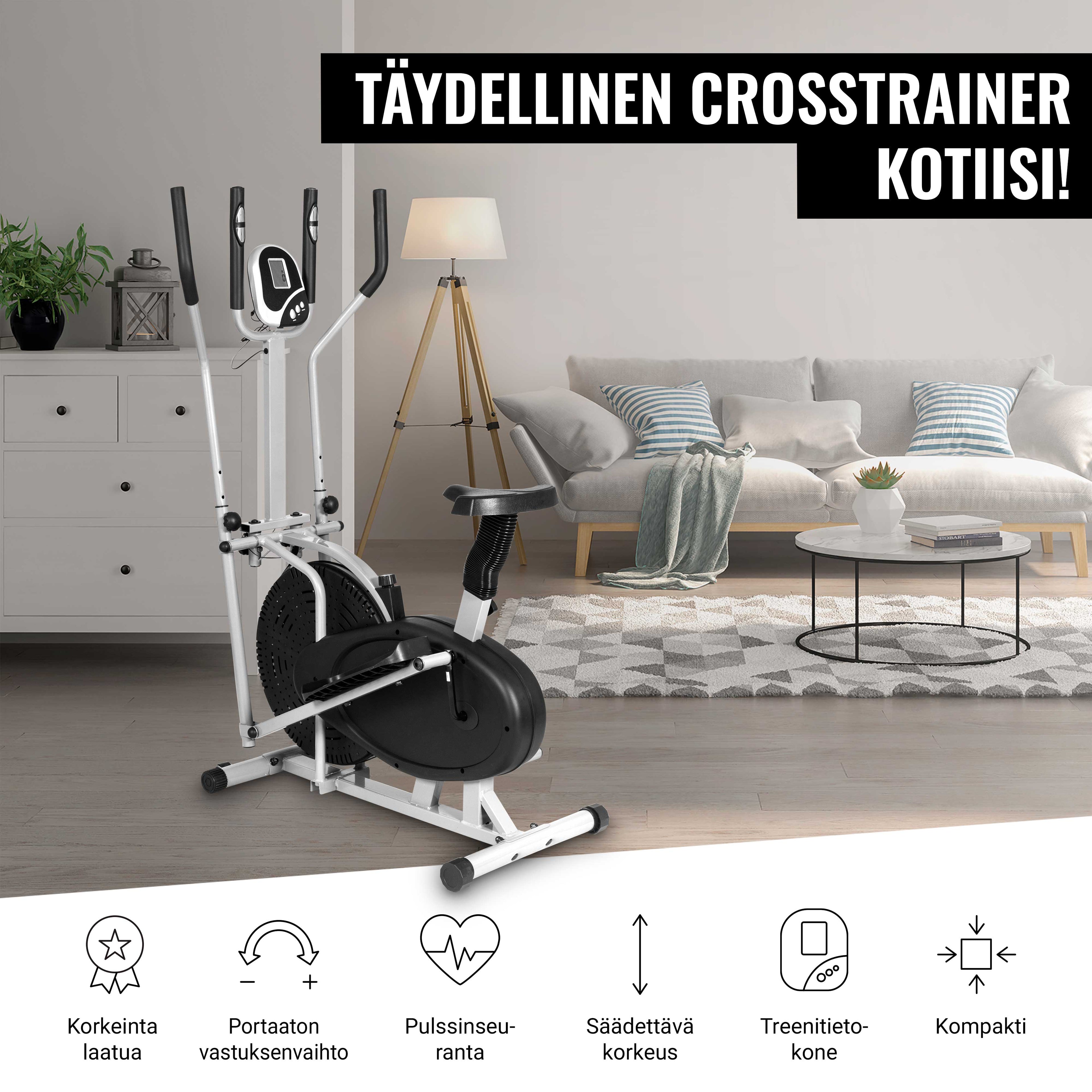 Crosstrainer sadula, käepidemete ja treeningkompuutriga