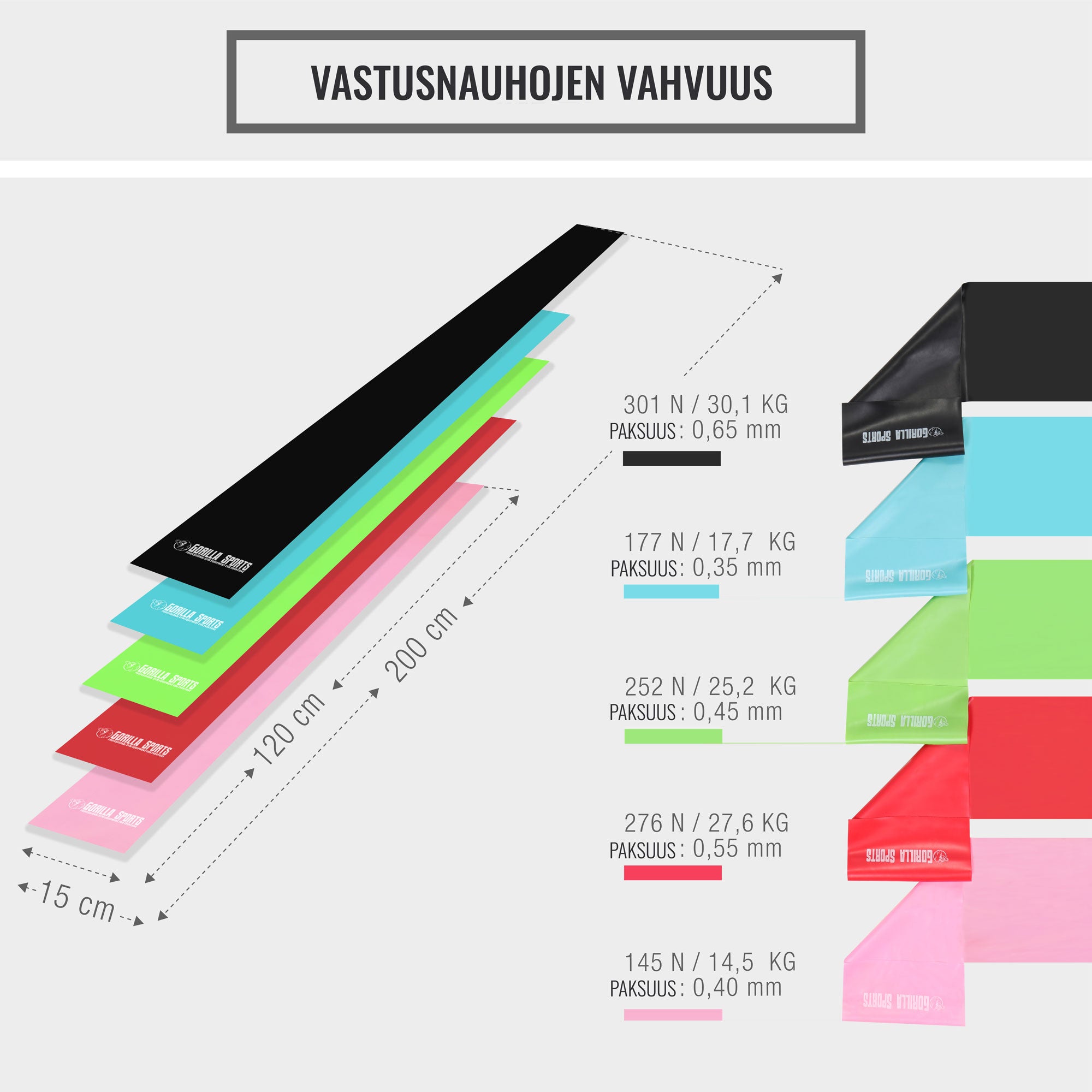 Treeningkummide komplekt 200 cm, 5 vastupanutaset