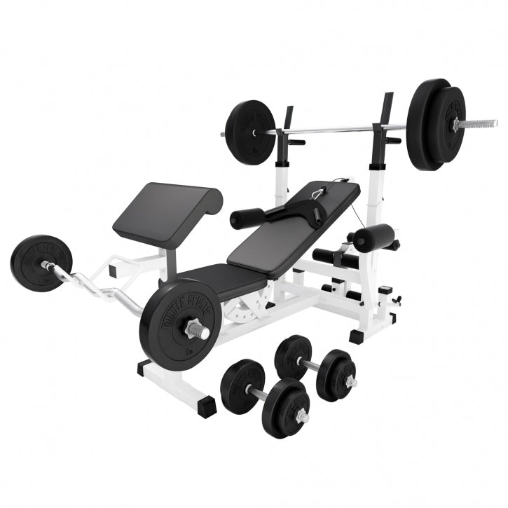 Reguleeritav jõutõstepink + 100 kg kangikomplekt, valge