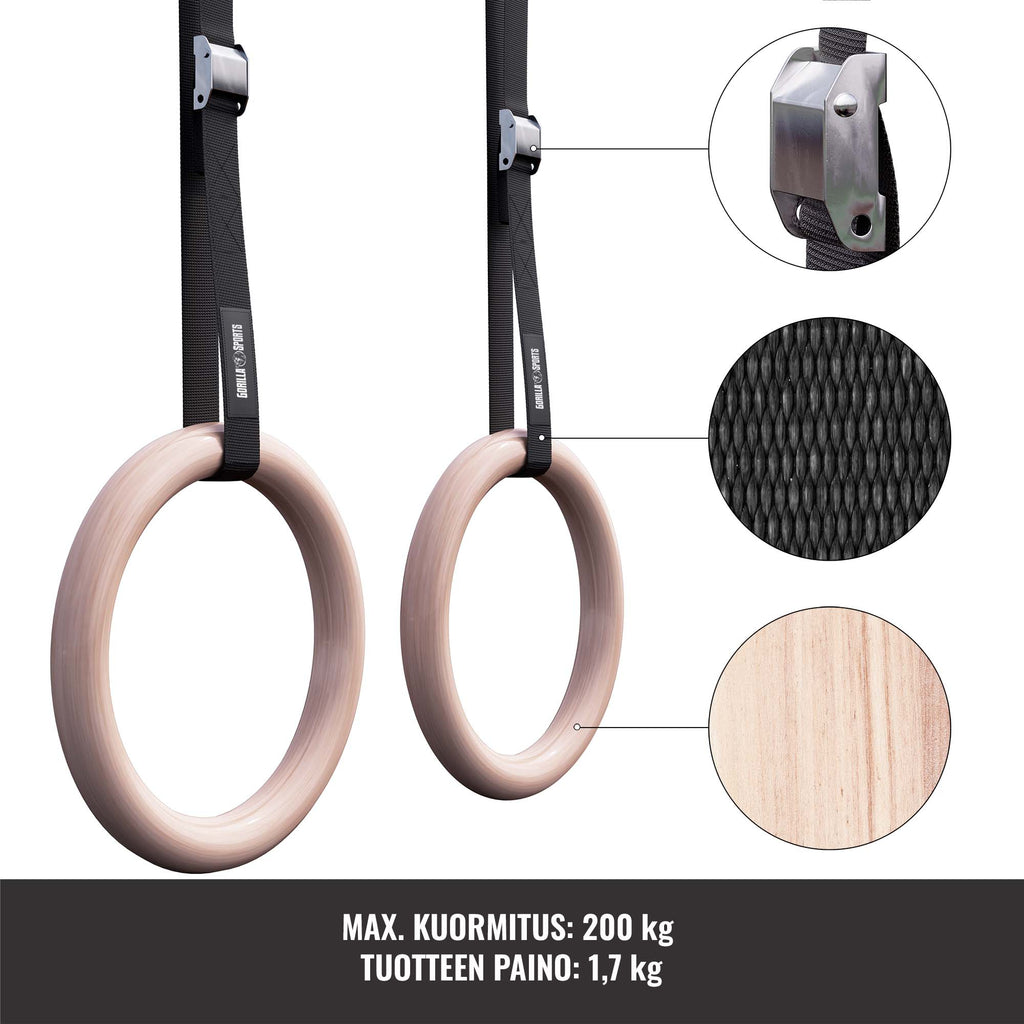 Puidust võimlemisrõngad 23 cm rihmadega