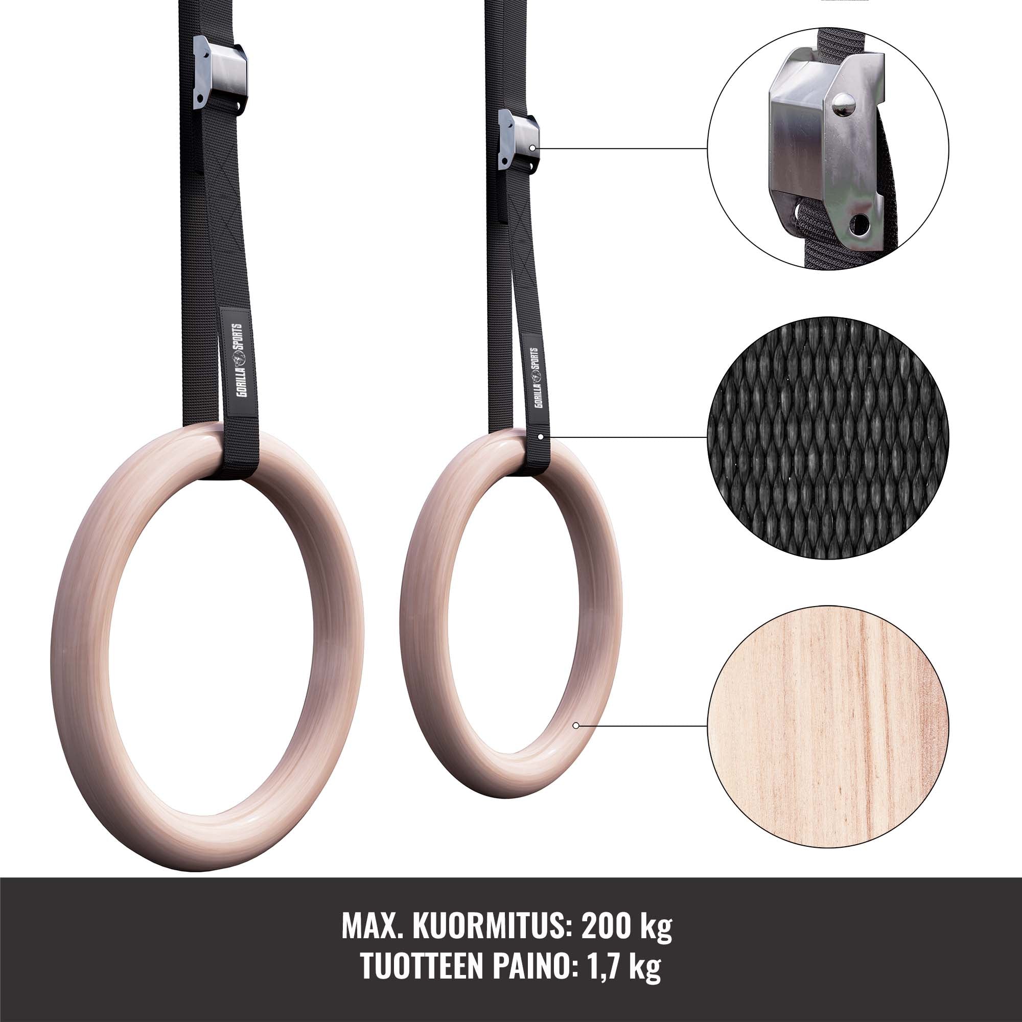 Puidust võimlemisrõngad 23 cm rihmadega