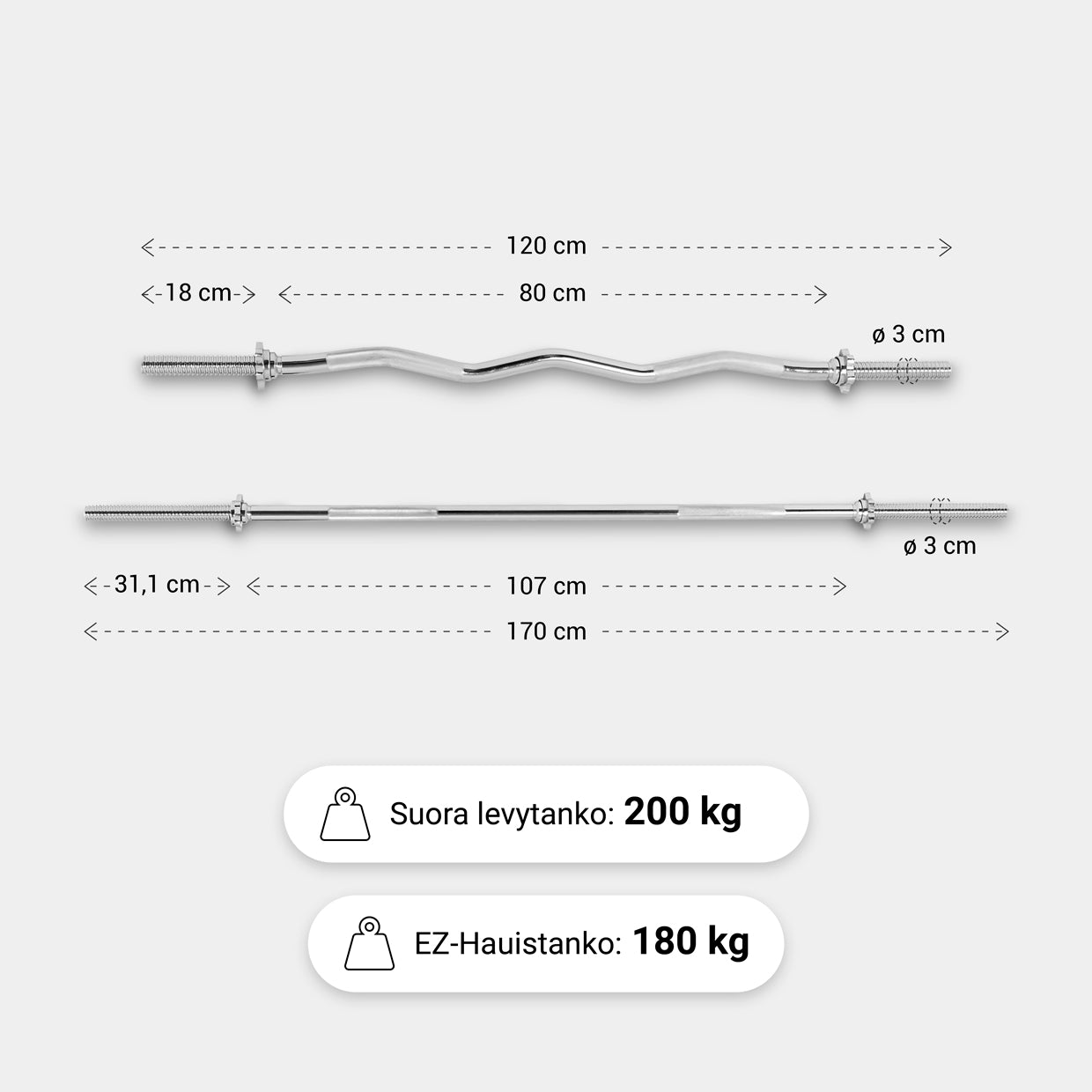 Kangikomplekt 30 mm: EZ-kang 120 cm + sirge kang 170 cm
