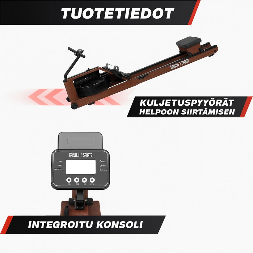 Vesitakistusega sõudeergomeeter puidust raamiga