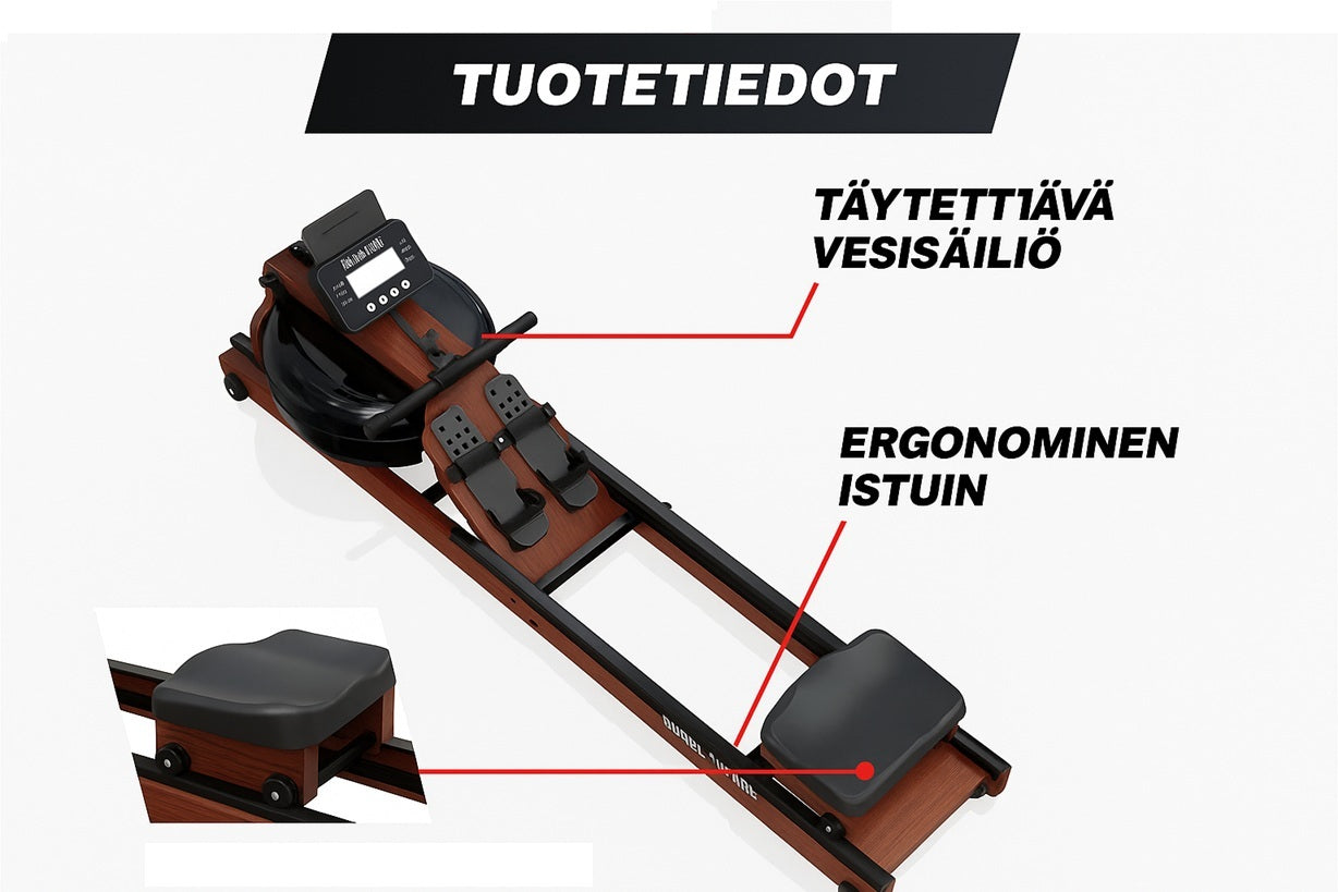 Vesitakistusega sõudeergomeeter puidust raamiga