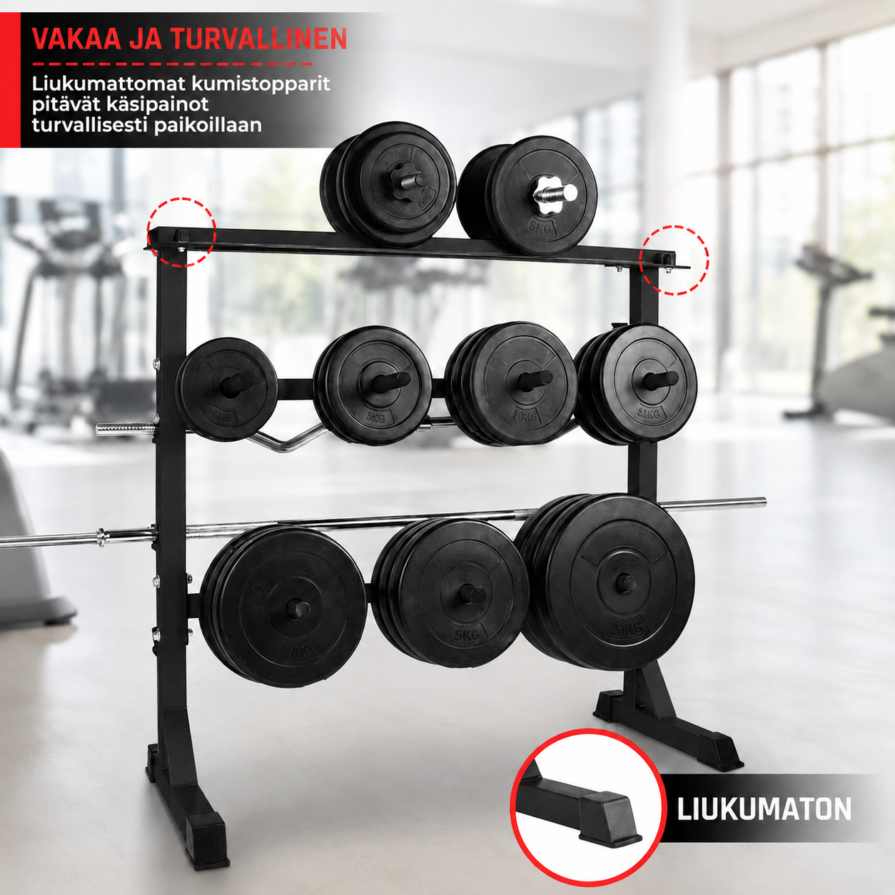 3-in-1 raskuste hoidik 30 mm raskusketastele, hantlitele ja kangidele, must