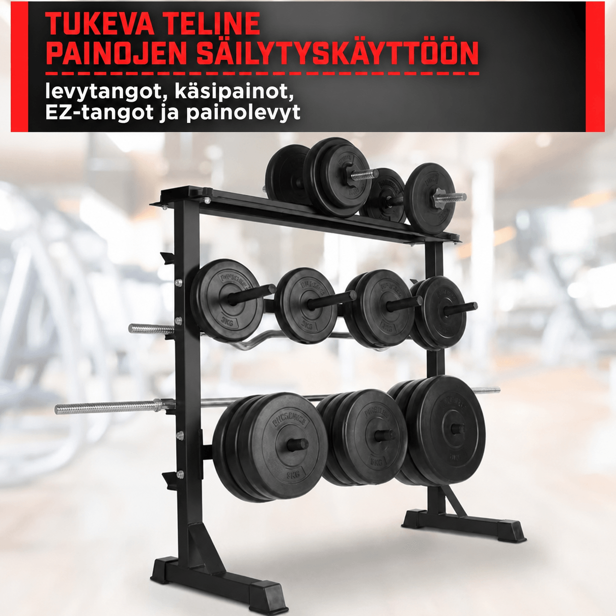 3-in-1 raskuste hoidik 30 mm raskusketastele, hantlitele ja kangidele, must
