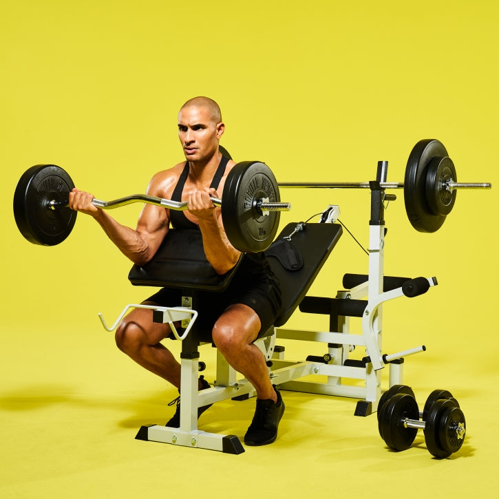 Reguleeritav jõutõstepink + 100 kg kangikomplekt, valge