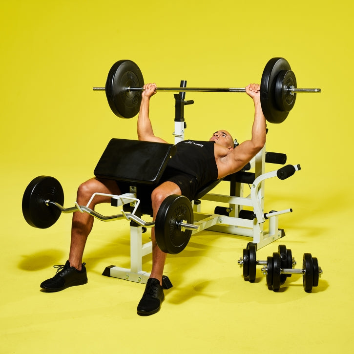 Reguleeritav jõutõstepink + 100 kg kangikomplekt, valge