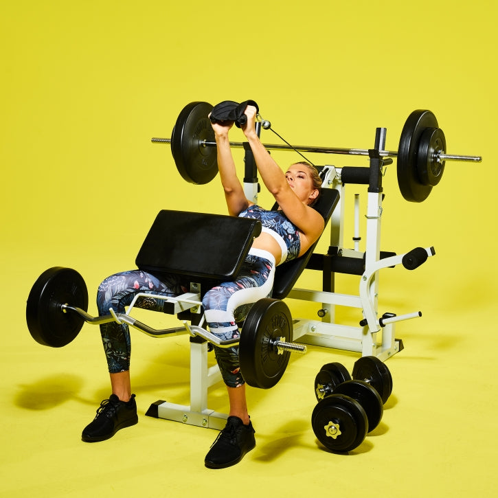 Reguleeritav jõutõstepink + 100 kg kangikomplekt, valge