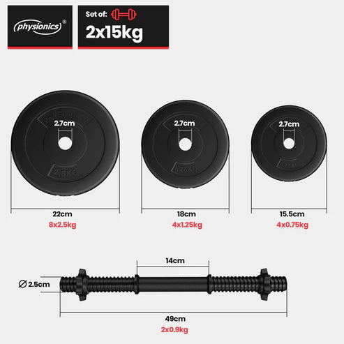 Reguleeritav hantlikomplekt 30 kg, plastkattega raskuskettad 25 mm