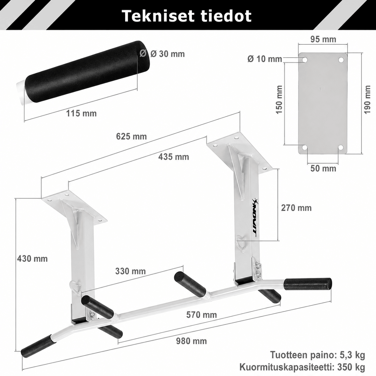 Lakke kinnitatav lõuatõmbekang 350 kg, mitme haardega mudel – must/valge