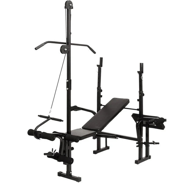 Multifunktsionaalne jõutreeningupink ülaplokiga – 5-in-1 kodune jõusaam